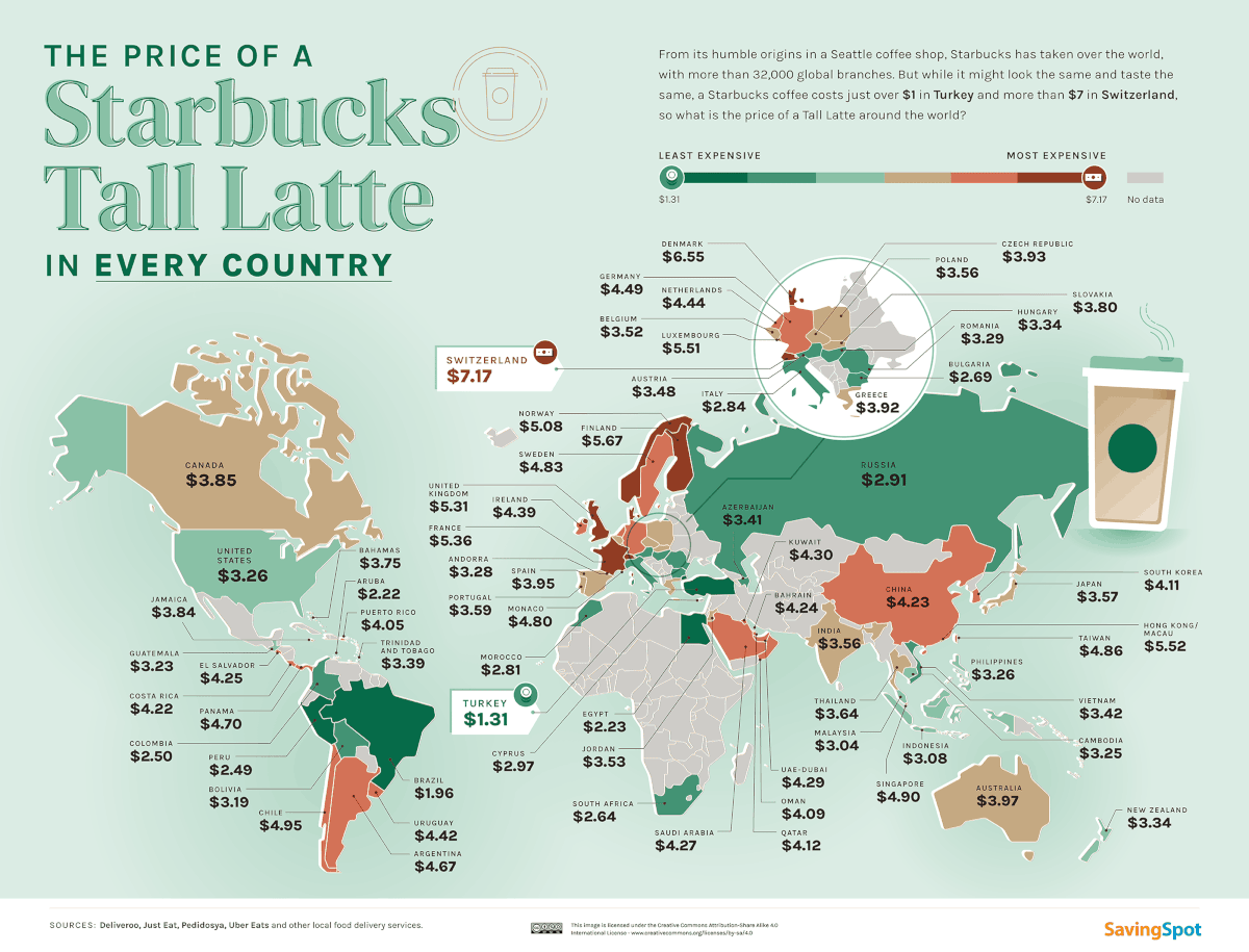 スターバックス トール ラテの価格が国ごとに表示された世界地図。
